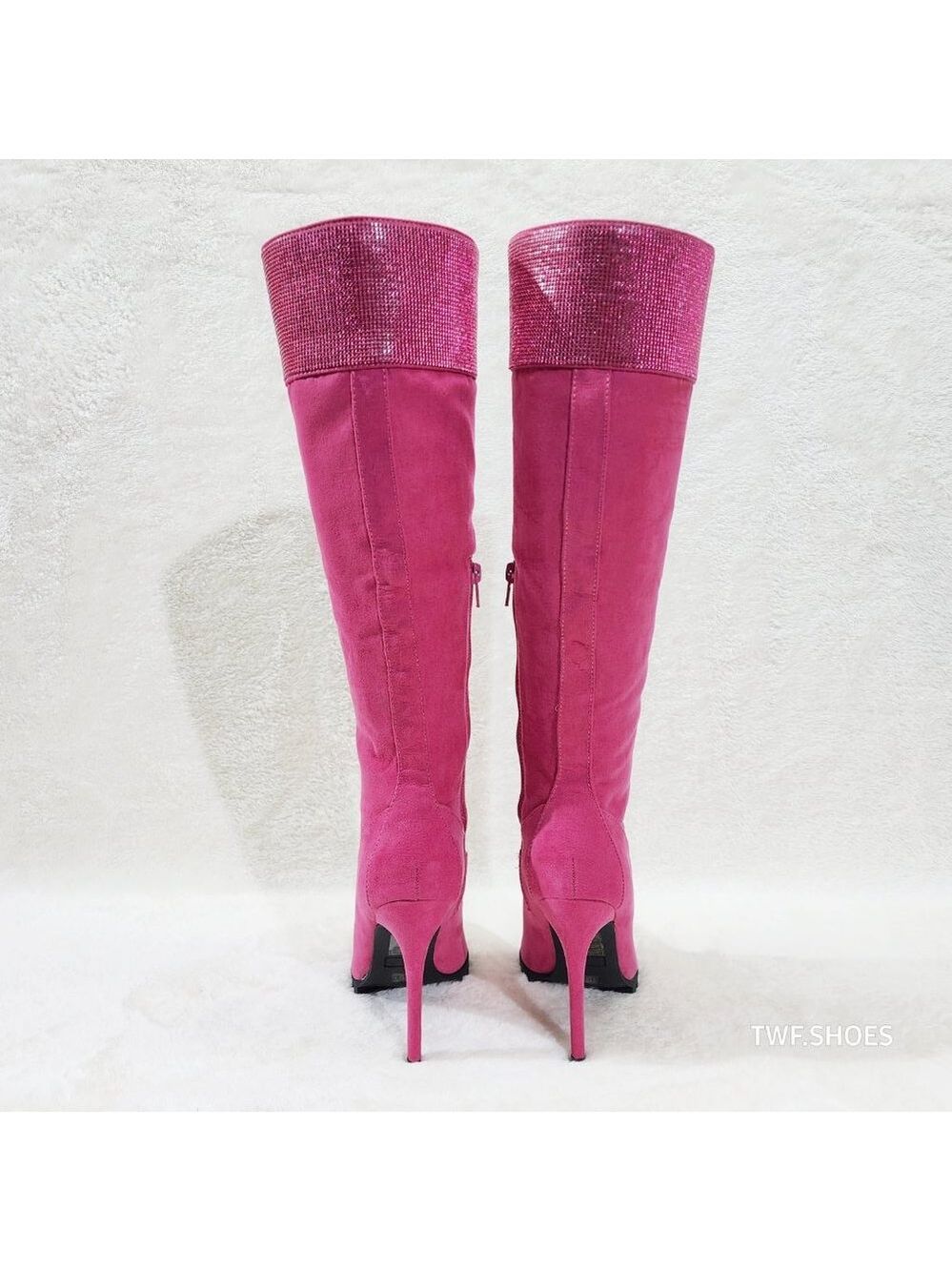 Queens FX Suede & Rhinestone Pointy Toe High Heels Stiletto Lace Up Knee Boots - Picture 7 of 14